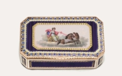 A GERMAN ENAMELLED GOLD SNUFF-BOX, PROBABLY HANAU, CIRCA 1810, STRUCK WITH A CROWNED J AND MARKS RESEMBLING THE PARISIAN CHARGE MARK OF 1762-1768