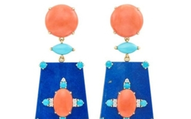 Pair of Gold, Coral, Lapis, Diamond and Turquoise Pendant-Earclips