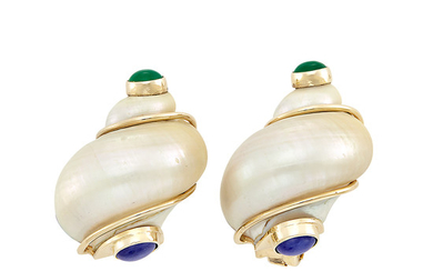 Pair of Gold, Shell, Cabochon Sapphire and Dyed Green Chalcedony Earclips, Seaman Schepps