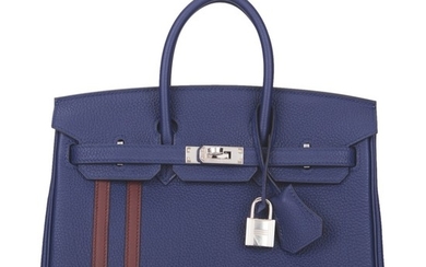 Hermès Bleu Encre and Bordeaux Officier Birkin 25cm of Togo Leather with Palladium Hardware