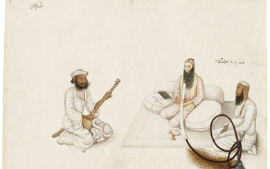 AN ILLUSTRATION FROM A FRASER ALBUM: MAWLAWI SALAMAT ALLAH OF MATHURA WITH A DISCIPLE AND A MUSICIAN, DELHI OR HARYANA, NORTH INDIA, CIRCA 1815-1819