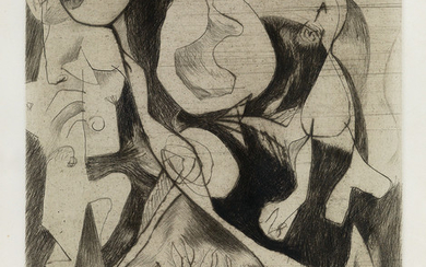 JACKSON POLLOCK Untitled. Drypoint and engraving printed in dark brownish black on white...