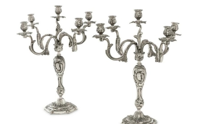 A Pair of Louis XV Style Silvered Bronze Five-Light