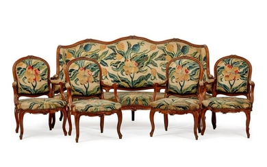 A Louis XV Style Tapestry-Upholstered Five-Piece Carved