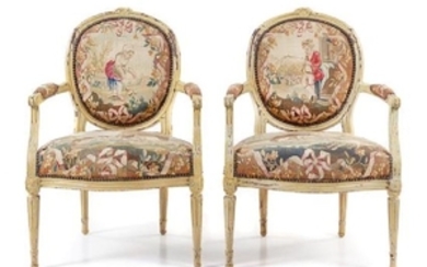 * A Pair of Louis XVI Painted Fauteuils Height 36 1/2