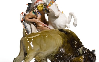 A MEISSEN ALLEGORICAL GROUP OF A BRAVE AND BISON, EMBLEMATIC OF THE AMERICAS FROM A SET OF THE CONTINENTS, CIRCA 1906