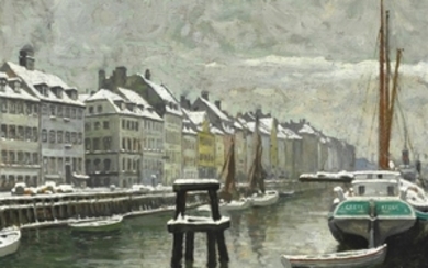 Paul Fischer: Winter day in Nyhavn. Signed Paul Fischer. Oil on panel. 32 x 39 cm.