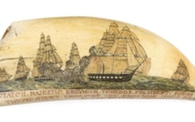 POLYCHROME SCRIMSHAW WHALE'S TOOTH BY THE NAVAL MONUMENT ENGRAVER WITH ORIGINAL WHALING SCENE This is the only known tooth by the Na..