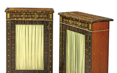 A PAIR OF REGENCY BRASS-INLAID CALAMANDER, EBONY AND INDIAN ROSEWOOD SMALL SIDE CABINETS, CIRCA 1810, IN THE MANNER OF GEORGE OAKLEY