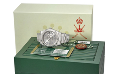 ROLEX. A RARE AND FINE 18K WHITE GOLD AND STAINLESS STEEL AUTOMATIC WRISTWATCH WITH ENGRAVED CASE BACK, SWEEP CENTRE SECONDS, DATE, INTERNATIONAL GUARANTEE AND BRACELET, MADE FOR THE SULTANATE OF OMAN, SIGNED ROLEX, OYSTER PERPETUAL, DATEJUST, REF....