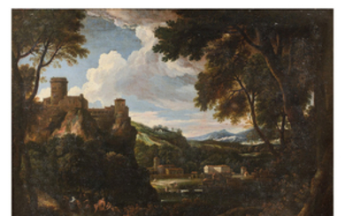 Roman school circa 1650, Figures in a wooded landscape bordering...