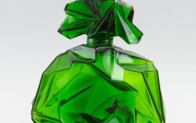 RUBA ROMBIC JUNGLE GREEN GLASS DECANTER Reuben Haley for Consolidated Lamp & Glass Company. Solid stopper. Pontil mark. Height 9".