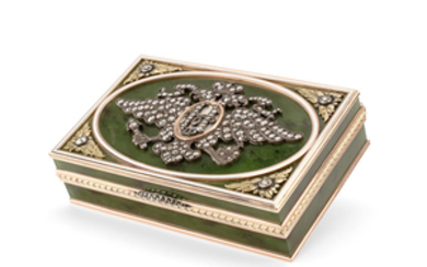 A Russian 14K Gold, Diamond, Silver, Spinach Jade, and Guilloche Enamel Snuff Box