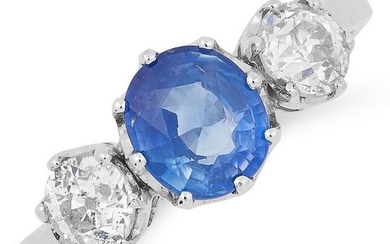SAPPHIRE AND DIAMOND THREE STONE RING set with an oval