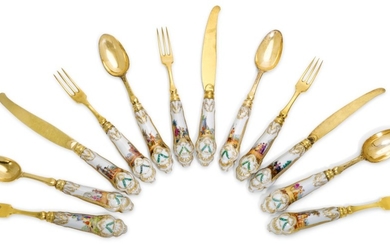 A SET OF 17 SILVER-GILT PORCELAIN-MOUNTED FLATWARE FROM THE CATHERINE THE GREAT DESSERT SERVICE, ROYAL PORCELAIN FACTORY, BERLIN (K.P.M.), 1770-1772