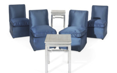 A SET OF FOUR BLUE SATIN UPHOLSTERED SLIPPER CHAIRS, MODERN