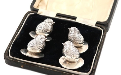A set of four Edwardian novelty silver chick...