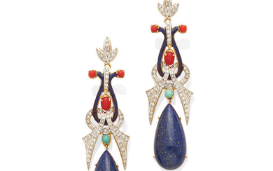 A pair of diamond, lapis lazuli, coral and turquoise ear pendants