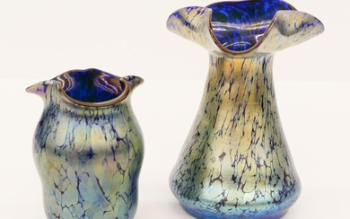 2pc Loetz Blue Oil Spot Glass Vases