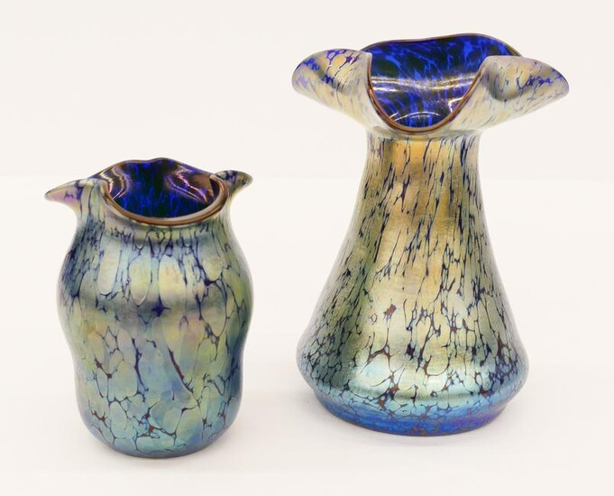 2pc Loetz Blue Oil Spot Glass Vases