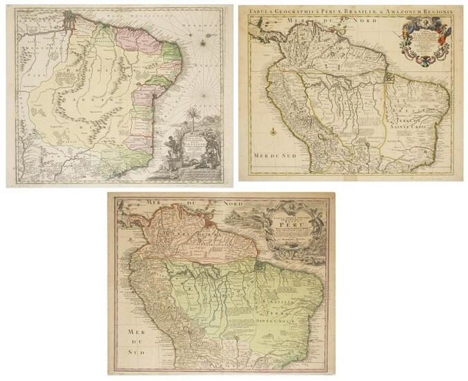 (3) ANTIQUE MAPS, BRAZIL, PERU, AMAZON, 18TH C.