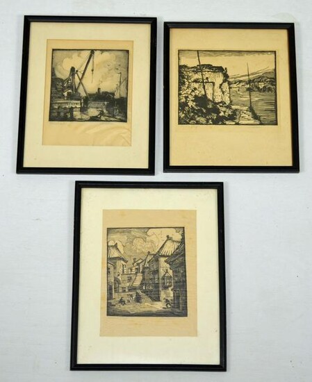 3 Fred Larson Signed Woodcut Etchings