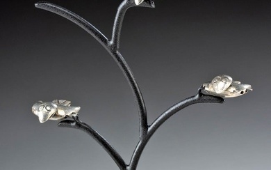 3 Moche Silver Bird Beads Mounted on Tree Stand