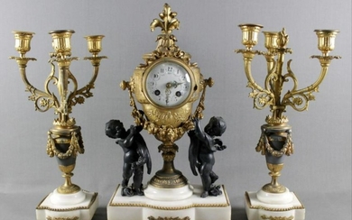 3 Pc. French Gilt Metal And Marbleclockset