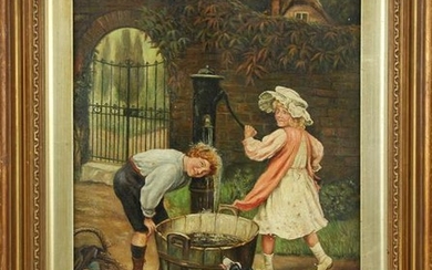 19th Century Children at the Water Pump, Oil on Canvas