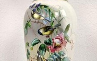 38Ó Painted Glass Oversized Urn Vase. Gilt Bronze Mount