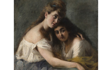 Daniele Ranzoni ( Intra 1843 - 1889 ) , "Ritratto di due donne. La baronessa Van Kraft Rodowska con la figlia" 1860, 1863 olio su tela (cm 105x80) Provenienza:...