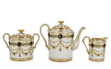 (3Pc) Antique Crown Dresden Jeweled Porcelain Service