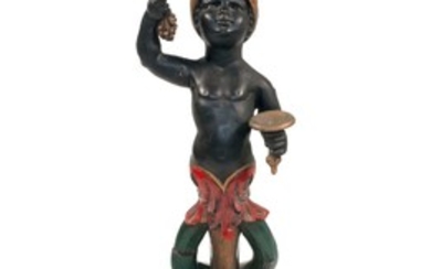 BLACKAMOOR CARVED AND PAINTED STAND Pedestal in the form of a figure. Painted red, black and gold. Height 38.5".
