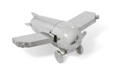 A GERMAN SILVER-PLATED NOVELTY COCKTAIL SHAKER IN THE FORM OF A MONOPLANE, MARK OF J. A. HENCKELS, FIRST HALF 20TH CENTURY