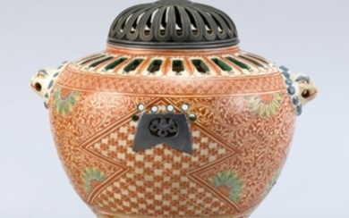 KINKOZAN SATSUMA POTTERY CENSER In ovoid form. With quadruped base and lion's-head handles. Red and green geometric design. Silver c..
