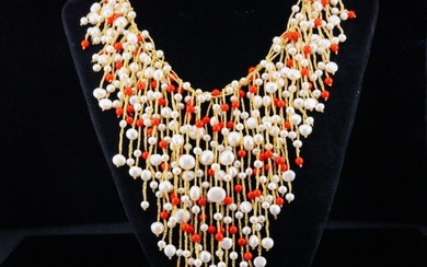 4mm-9mm Pearl and 4mm Coral Bead Woven Bib Necklace