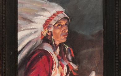 Oil on Canvasboard Portrait of a Plains Indian Drummer