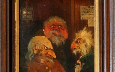 BRITISH SCHOOL, 19th Century, Satirical illustration of three men., Oil on milled board, 13.75" x 10.5". Framed 18.5" x 15.25".
