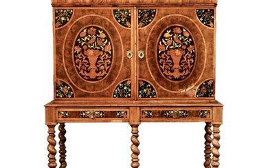 A WILLIAM AND MARY OYSTER-VENEERED WALNUT AND FLORAL MARQUETRY CABINET ON STAND, LATE 17TH CENTURY