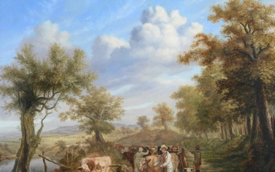 William Smith (fl.1813-1859) Countryfolk droving cattle on wooded pathway Signed...