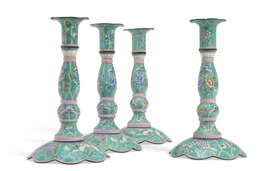 A SET OF FOUR CHINESE FAMILLE ROSE ENAMEL-ON-COPPER CANDLESTICKS, QING DYNASTY, MID-19TH CENTURY