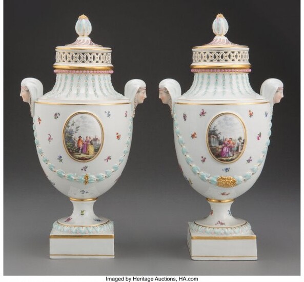 61124: A Pair of Meissen Polychrome and Partial Gilt Po