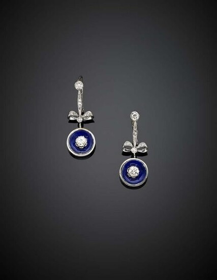 Diamond and blue enamel white gold pendant earrings, in
