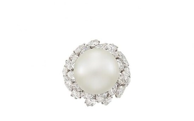 Platinum, South Sea Cultured Pearl and Diamond Ring