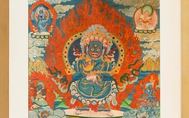 TIBETAN THANKA Depicting Mahakala wearing a skull apron and dancing on two prostrate figures and surrounded by various other deities...