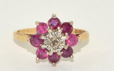 9ct gold ladies antique set Ruby and Diamond cluster ring si...