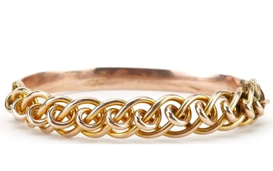 9ct rose gold openwork hinged bangle, 7cm wide, 13.7g
