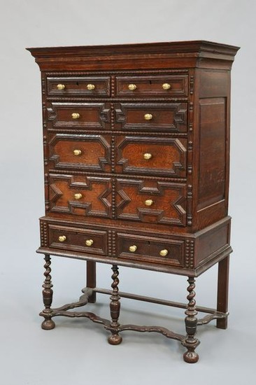 A 17TH CENTURY STYLE OAK CHEST ON STAND, 19TH CENTURY