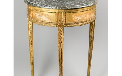A 19TH CENTURY GILT WOOD AND MARBLE DEMI LUNE CONSOLE TABLE....
