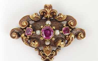 A 19th century 18ct gold, seed pearl and purple stone brooch...